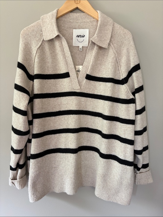 aerie Sweaters - Aerie Striped Preppy Oversized Polo Rugby Sweater Small NWT Oatmeal Black